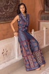 Shop_Shruti Sancheti_Blue Denim Embroidery, Mirrors V-neck Waistcoat With Pant _Online_at_Aza_Fashions