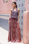 Buy_Shruti Sancheti_Blue Denim, Silk Satin Mirrors, Tassels Halter Embroidered Wrap Top With Palazzo _Online_at_Aza_Fashions