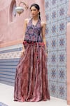 Shop_Shruti Sancheti_Blue Denim, Silk Satin Mirrors, Tassels Halter Embroidered Wrap Top With Palazzo _Online_at_Aza_Fashions
