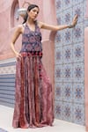 Buy_Shruti Sancheti_Blue Denim, Silk Satin Mirrors, Tassels Halter Embroidered Wrap Top With Palazzo _at_Aza_Fashions