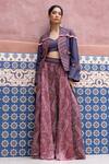 Shop_Shruti Sancheti_Blue Denim, Silk Satin Embroidery, Mirrors Sweetheart Neck Blazer Set _Online_at_Aza_Fashions