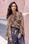 Buy_Shruti Sancheti_Brown Silk Satin, Denim Ruffles, Embroidery, Paisley Printed Shirt With Pant _Online_at_Aza_Fashions