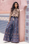 Shruti Sancheti_Brown Silk Satin, Denim Ruffles, Embroidery, Paisley Printed Shirt With Pant _at_Aza_Fashions