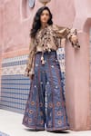 Buy_Shruti Sancheti_Brown Silk Satin, Denim Ruffles, Embroidery, Paisley Printed Shirt With Pant _at_Aza_Fashions