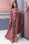 Shruti Sancheti_Multi Color Silk Satin Mirrors, Embroidery, Tassels Round Paisley Print Kaftan _Online_at_Aza_Fashions
