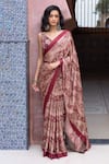 Shruti Sancheti_Maroon Silk Satin Embroidery V-neck Paisley Printed Saree With Blouse _Online_at_Aza_Fashions