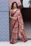Buy_Shruti Sancheti_Maroon Silk Satin Embroidery V-neck Paisley Printed Saree With Blouse _at_Aza_Fashions