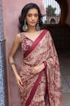 Buy_Shruti Sancheti_Maroon Silk Satin Embroidery V-neck Paisley Printed Saree With Blouse _Online_at_Aza_Fashions