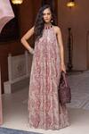 Buy_Shruti Sancheti_Maroon Chiffon Embroidery, Tassels Halter Neck Paisley Print Gown _at_Aza_Fashions