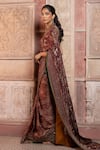 Shop_Shruti Sancheti_Burgundy Silk Satin Mirrors, Piping Paisley And Chintz Print Saree With Blouse _Online_at_Aza_Fashions