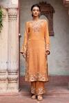 Shop_Shruti Sancheti_Orange Maheshwari, Tissue Embroidery Round Neck Placement Kurta Set _Online_at_Aza_Fashions