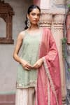 Shop_Shruti Sancheti_Mint Maheshwari, Tissue Embroidery, Lace Round Neck Paisley Short Kurta Set _Online_at_Aza_Fashions