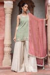 Shop_Shruti Sancheti_Mint Maheshwari, Tissue Embroidery, Lace Round Neck Paisley Short Kurta Set 