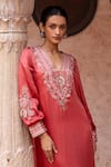 Shruti Sancheti_Red Silk Satin Embroidery V-neck Paisley Kaftan _Online_at_Aza_Fashions