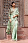 Buy_Shruti Sancheti_Green Silk Satin Embroidery V-neck Paisley Saree With Blouse _Online_at_Aza_Fashions