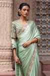 Shop_Shruti Sancheti_Green Silk Satin Embroidery V-neck Paisley Saree With Blouse _Online_at_Aza_Fashions