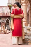 Shop_Shruti Sancheti_Red Silk Satin, Maheshwari, Tissue Embroidery, Tassels Split Paisley Kurta Set _at_Aza_Fashions