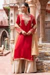 Buy_Shruti Sancheti_Red Silk Satin, Maheshwari, Tissue Embroidery, Tassels Split Paisley Kurta Set _Online_at_Aza_Fashions