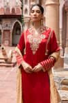 Shop_Shruti Sancheti_Red Silk Satin, Maheshwari, Tissue Embroidery, Tassels Split Paisley Kurta Set _Online_at_Aza_Fashions