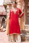 Shruti Sancheti_Red Silk Satin, Maheshwari, Tissue Embroidery, Tassels Split Paisley Kurta Set _at_Aza_Fashions