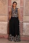 Buy_Shruti Sancheti_Black Satin, Embroidery Collared Paisley Waistcoat With Pant _at_Aza_Fashions