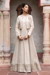 Shop_Shruti Sancheti_Ivory Maheshwari, Tissue Embroidery Round Paisley Crop Jacket With Anarkali _Online_at_Aza_Fashions