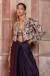 Buy_Shruti Sancheti_Purple Silk Satin Embroidery, Mirrors Mandarin Paisley Cropped Jacket Pant Set _Online_at_Aza_Fashions