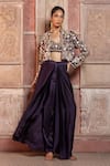 Buy_Shruti Sancheti_Purple Silk Satin Embroidery, Mirrors Mandarin Paisley Cropped Jacket Pant Set _at_Aza_Fashions