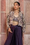 Shop_Shruti Sancheti_Purple Silk Satin Embroidery, Mirrors Mandarin Paisley Cropped Jacket Pant Set _Online_at_Aza_Fashions