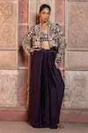 Buy_Shruti Sancheti_Purple Silk Satin Embroidery, Mirrors Mandarin Paisley Cropped Jacket Pant Set 