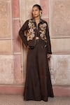 Buy_Shruti Sancheti_Brown Silk Embroidery Collared, V-neck Paisley Long Jacket Set _at_Aza_Fashions