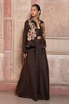 Buy_Shruti Sancheti_Brown Silk Embroidery Collared, V-neck Paisley Long Jacket Set _Online_at_Aza_Fashions