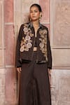 Shop_Shruti Sancheti_Brown Silk Embroidery Collared, V-neck Paisley Long Jacket Set _Online_at_Aza_Fashions