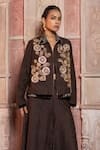 Buy_Shruti Sancheti_Brown Silk Embroidery Collared, V-neck Paisley Long Jacket Set 