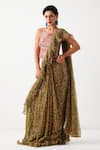 Shop_Pallavi Jaipur_Green Chiffon, Tussar Ezra Pre-draped Jhilmil Saree With Rani Ambi Blouse _Online_at_Aza_Fashions