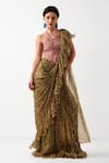 Buy_Pallavi Jaipur_Green Chiffon, Tussar Ezra Pre-draped Jhilmil Saree With Rani Ambi Blouse 