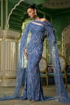 Amit GT_Blue Tulle Embroidery, Sequins One Shoulder Delphine Gown _Online_at_Aza_Fashions