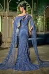 Shop_Amit GT_Blue Tulle Embroidery, Sequins One Shoulder Delphine Gown _at_Aza_Fashions