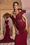 Amit GT_Burgundy Tulle Embroidery, Sequins Off-shoulder, Sweetheart Ingrid Rouge Gown _Online_at_Aza_Fashions