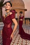 Shop_Amit GT_Burgundy Tulle Embroidery, Sequins Off-shoulder, Sweetheart Ingrid Rouge Gown _at_Aza_Fashions