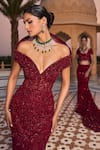 Buy_Amit GT_Burgundy Tulle Embroidery, Sequins Off-shoulder, Sweetheart Ingrid Rouge Gown _Online_at_Aza_Fashions