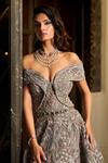Amit GT_Gray Tulle Embroidery, Sequins Off-shoulder Samaira Gown _Online_at_Aza_Fashions