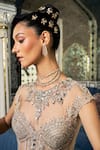 Amit GT_Beige Tulle Embroidery, Beads, Stones, Crystals Round Neck Clara Gown _Online_at_Aza_Fashions