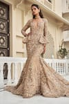 Buy_Amit GT_Gold Tulle Embroidery, Sequins, Stones, Zari Plunge Neck Aureva Gown _at_Aza_Fashions