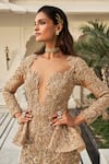 Amit GT_Gold Tulle Embroidery, Sequins, Stones, Zari Plunge Neck Aureva Gown _Online_at_Aza_Fashions