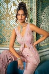 Shop_Amit GT_Pink Tulle Embroidery, Sequins V-neck Ira Tunic With Pant _Online_at_Aza_Fashions