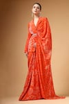Shop_Gazab by Miku Kumar_Orange Silk, Crepe Embroidery, Beads Veyra Print Pre-draped Saree And Jacket Set _Online_at_Aza_Fashions