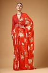 Buy_Gazab by Miku Kumar_Red Silk, Crepe Embroidery Orvya Jacket With Pre-draped Floral Pattern Saree _at_Aza_Fashions