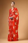 Gazab by Miku Kumar_Red Silk, Crepe Embroidery Orvya Jacket With Pre-draped Floral Pattern Saree _Online_at_Aza_Fashions