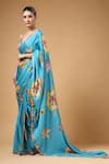 Shop_Gazab by Miku Kumar_Blue Modal, Satin V-neck Tivra Print Pre-draped Saree And Blouse Set _Online_at_Aza_Fashions